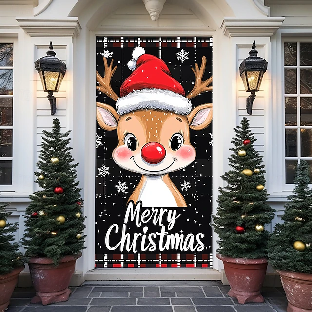 Christmas Door Decorations Door Covers Reindeer Door Tapestry Door Curtain Decoration Backdrop Indoor/Outdoor Door Banner for Front Door Farmhouse 15