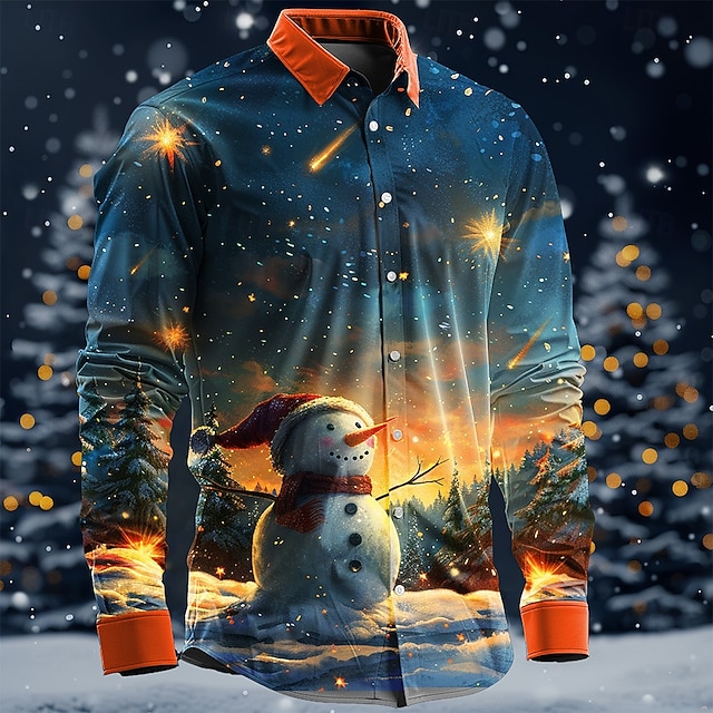  Jul Herre julemanden Skjorte Button Up skjorte Langærmet Afslappet Forretningsmæssigt afslappet Festaftentøj Daglig Efterår Vinter Forår sommer Krave Knap op 3D-udskrivning Blå Blekk Blå Mørkeblå