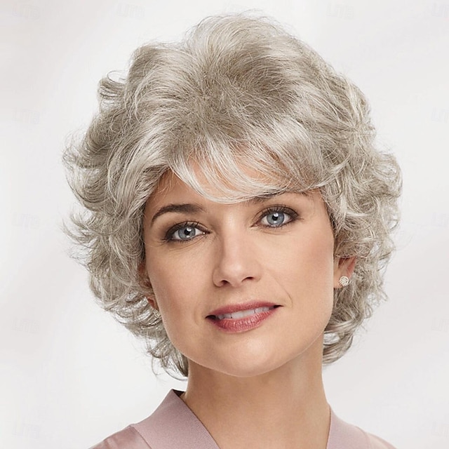  Synthetic Wig Curly Asymmetrical Wig Short Grey Synthetic Hair Women's Fashionable Design Soft Natural Gray
