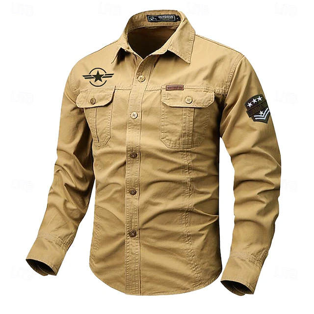 Men's Solid Color Work Shirt Western Shirt Cargo Shirt Long Sleeve Casual Tactical Sports & Outdoor Going out Winter Spring & Fall Turndown Print Black White Red Blue Khaki 12