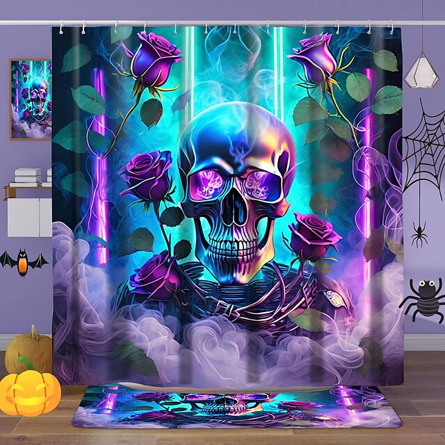  cortina de chuveiro de halloween com ganchos para banheiro cortina de chuveiro de caveira conjunto de decoração de banheiro poliéster à prova d'água pacote com 12 ganchos de plástico cabeças de