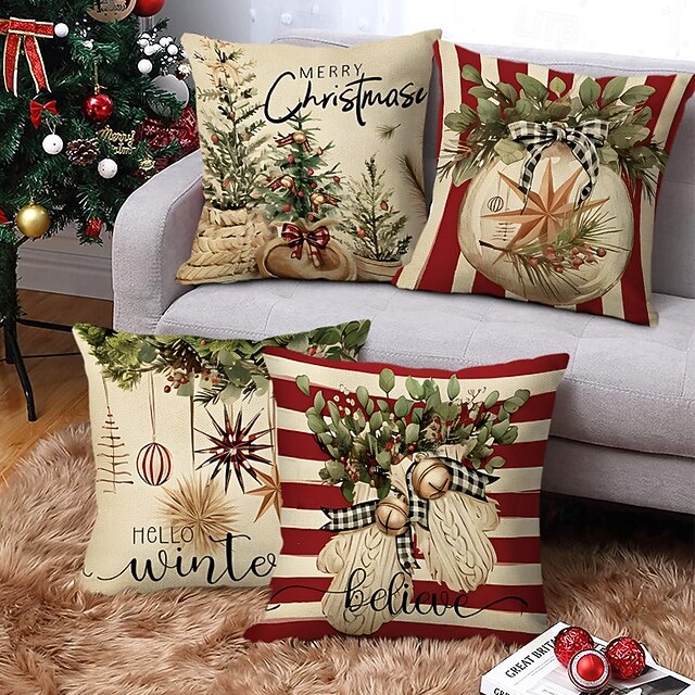 Christmas Decorations Vintage Decorative Toss Pillows Cover 4PC Ornaments Soft Square Cushion Case Pillowcase for Bedroom Livingroom Sofa Couch Chair 5