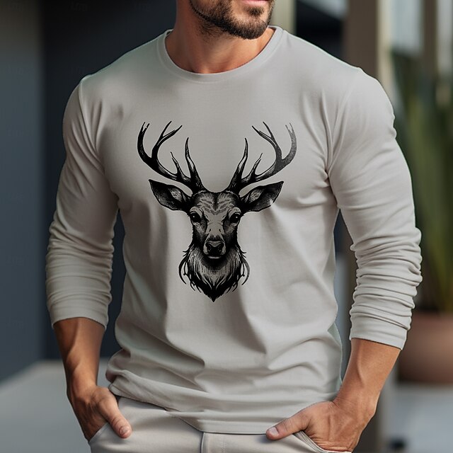 Men's Deer T Shirt Long Sleeve T shirt 3D Print Crew Neck Shirt Fashion Daily Street Casual Gray Summer Spring Fall Clothing Apparel S M L XL XXL XXXL4