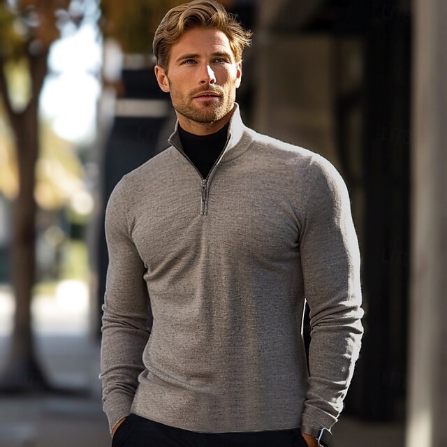 Men's Knit Regular Tops Solid Color Quarter Zip Knitwear Neutral Outdoor Home Clothing Apparel Fall Winter Light Grey S M L4