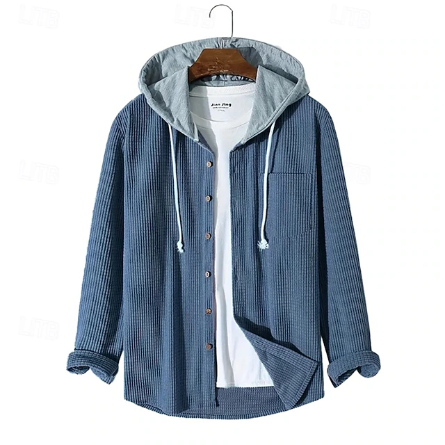Men's Shirt Waffle Shirt Overshirt Plain Outdoor Street Light Blue Black Blue Green Long Sleeve Hooded Winter Spring & Fall Clothing Apparel 8