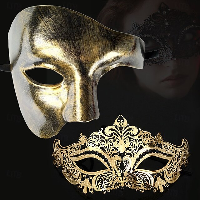 Greek Goddess Roman Halloween Mask Venetian Mask Columbina Couples 2 PCS Carnival Mask Metal Finish Sexy Costume Half Face Adults' Unisex Halloween Carnival Mardi Gras Party Masquerade Carnival of 10