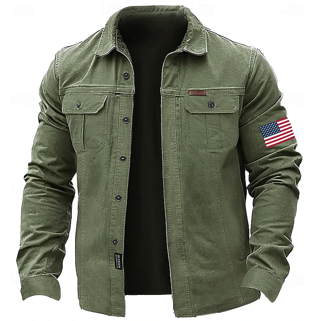 Men's American US Flag Cowboy Patriotic Work Shirt Western Shirt Cargo Shirt Long Sleeve Casual Tactical Sports & Outdoor Going out Winter Spring & Fall Turndown Print Army Green Khaki 5