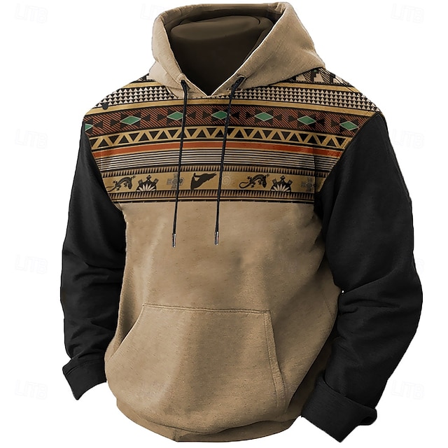  Homens Folk Moletom Moletons Moletom Manga Longa Moletom com capuz Com Capuz Étnico Impressão 3D Feriado Streetwear Marron Imprimir Bolso frontal Primavera & Outono Designer