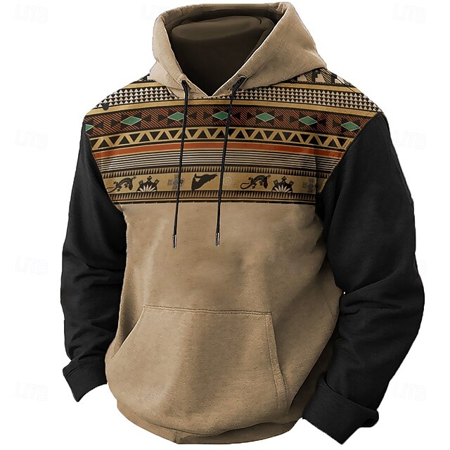 Men's Folk Hoodie Hoodies Sweatshirt Ethnic Casual Long Sleeve Hooded Holiday Streetwear Brown Print Front Pocket Spring &  Fall Designer4