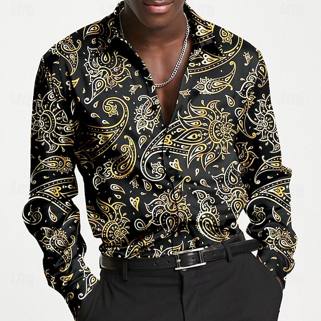  Bărbați Cămașă din satin Cămașă de Costum Camașă cu nasturi Imprimeu Paisley Vacanță Îmbrăcăminte de seară de petrecere Violet Galben Manșon Lung Cămăși cu guler Vară Primăvară Îmbrăcăminte Butonul