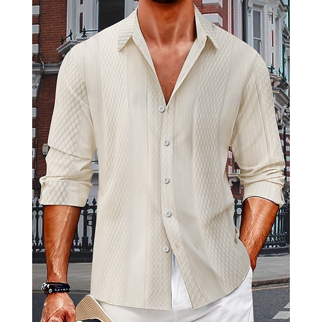  Voor heren Overhemd Zomer overhemd Overhemd met knopen Normaal shirt Strand hemd Zwart Marineblauw blauw Groen Beige Lange mouw Effen Revers Hawaii Feestdagen Jacquard Kleding Modieus Casual