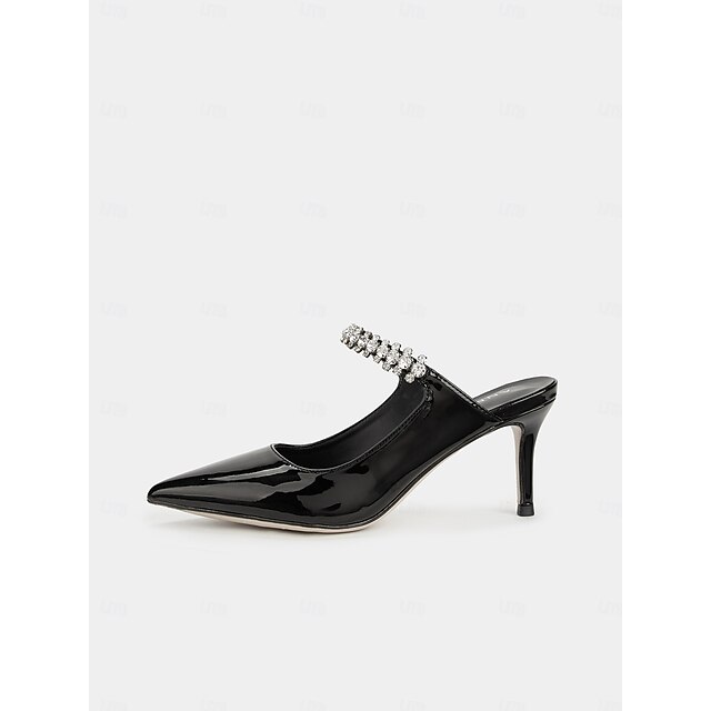 Black Patent Faux Leather Stiletto Heels with Rhinestone Embellished
