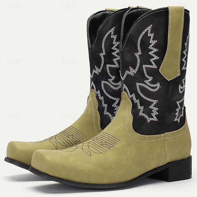  pánské zelenočerné westernové kovbojské boty z umělého semiše s vyšívaným designem - klasické boty ve vintage stylu pro rodeo a outdoorové nošení