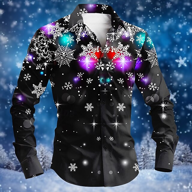 Christmas Men's Christmas Scene Printed Shirts Snowflake Fashion Casual Button Up Long Sleeve Party Evening Daily Fall Winter Spring & Summer Collar Button Up 3D Print Thin Black Polyester4