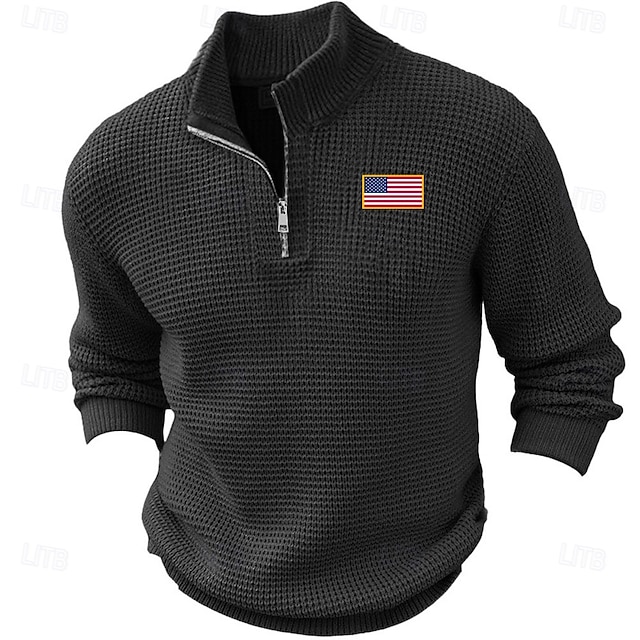 Men's American US Flag Patriotic Pullover Sweater Jumper Zip Sweater Polo Sweater Zip Collar Retro Vintage Casual Party Evening Wear Daily Embroidered Knitting Warm Long Sleeve Fall Winter Black Army 8