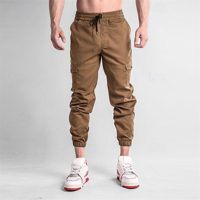 Men's Cargo Pants Cargo Trousers Joggers Trousers Drawstring Elastic Waist Multi Pocket Plain Comfort Sports Outdoor Daily Fashion Casual Dark Khaki Black Micro-elastic 10