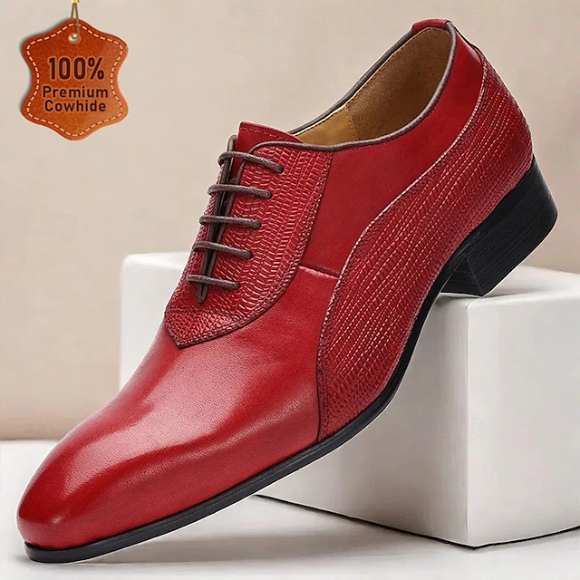 Men's Red Premium Cowhide Oxford Shoes - Classic Lace-Up Formal Leather Dress Shoes with Textured Details for Christmas,Special Occasions 9