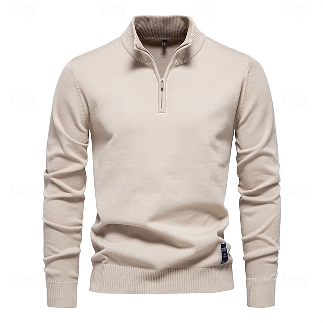  pullover da uomo in cotone con cerniera a un quarto, tinta unita, casual, sociale, a collo alto, polo da uomo