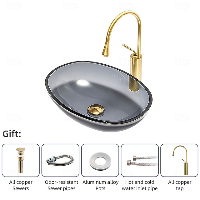  umywalka łazienkowa nablatowa ze szkła hartowanego, umywalka nablatowa artystyczna z kranem z funkcją kropli wody i odpływem typu pop-up