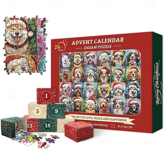  Kerst Adventskalender 2025 Hond/Kat 1000st Legpuzzels 24 Dagen Countdown Kalender Kerstcadeau Grappige Hond Feestdagen Puzzels Feestelijke Puzzels Voor Hond/Kat Liefhebber