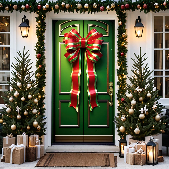 Christmas Door Decorations Door Covers Xmas Bow Tie Door Tapestry Door Curtain Decoration Backdrop Door Banner for Front Door Farmhouse Christmas Holiday Party Decor Supplies Ornaments Indoor/Outdoor 18