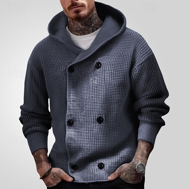Men's Cardigan Sweater Cropped  Sweater Knit Sweater Ribbed Knit Regular Button-Down Plain Hooded Fashion Classic Daily Wear Date Clothing Apparel Fall & Winter Gray M L XL4
