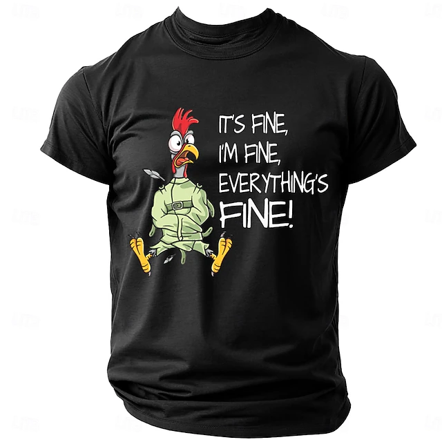 Men's Funny T-Shirt: 'It's Fine, I'm Fine, Everything's Fine!' Chicken Straitjacket Graphic Short Sleeve Lifestyle Humor Tee 7