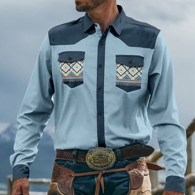 Men's Cowboy Western Shirt Button Up Shirt Cowboy Shirt Long Sleeve Vintage Western Daily Holiday Spring Fall Winter Turndown Collared Shirts 3D Print Light Blue Dark Blue 5
