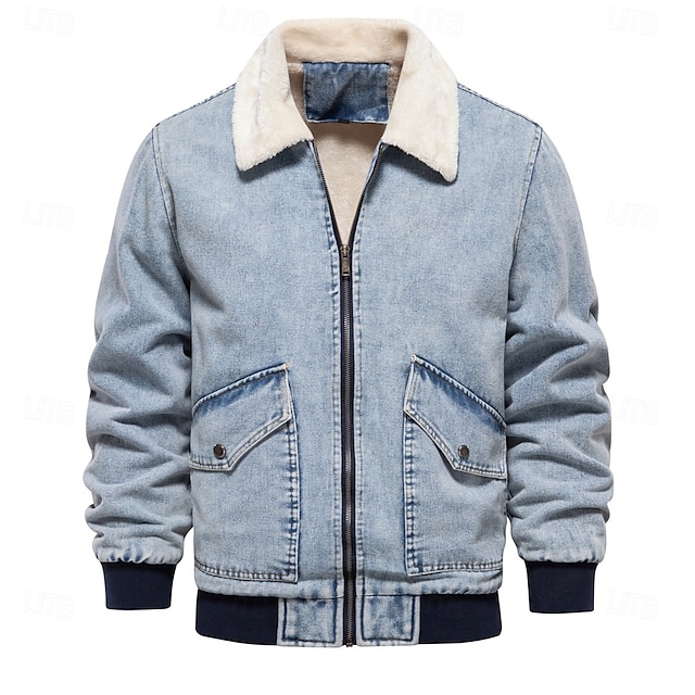  Herre Fleece-jakke Jean jakke Denimjakker Fritid / hverdag Høst vinter Fargeblokk Fritid Knaphul Normal Mørkegrå Mørkeblå Lyseblå Jakker