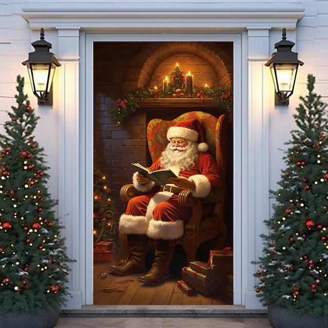 Christmas Door Decorations Door Covers Xmas Santa Door Tapestry Crystal Ball Door Curtain Decoration Backdrop Indoor/Outdoor Door Banner for Front Door Farmhouse Holiday Party Decor Supplies 19