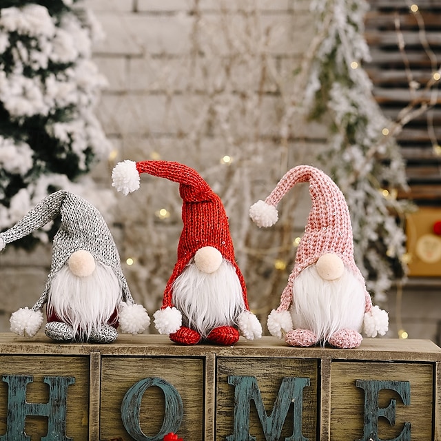  figuras de gnomos de natal - ancião da floresta vermelha com chapéu de malha, enfeites de boneca sem rosto em pé, decorações festivas de feriado