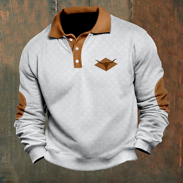 Men's Cattle Cowboy Polo Shirts Pullover Long Sleeve Polo Shirts Collar Vintage Casual Outdoor Streetwear 3D Print Buttons Fall & Winter Black White Khaki 8