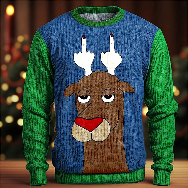  hässlicher Weihnachtspullover für Herren, lustige Pullover mit Hirschmotiv, Pullover, Strickpullover, Thermo-Party, Abend, Silvester, langärmelig, Rundhalsausschnitt, Herbst, Winter, Rot, Blau, Grün,
