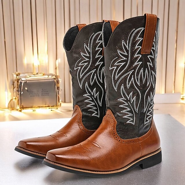 Men's Two-Tone Western Cowboy Boots – Vintage Style with Embroidered Shaft, Brown and Black Faux Leather, Perfect for Rodeo or Casual Wear 16