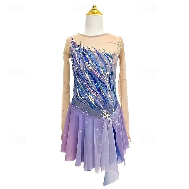  Figure Skating Dress Women's Girls' Ice Skating Dress Light Purple Patchwork Mesh High Elasticity Training Competition Skating Wear Classic Crystal / Rhinestone Long Sleeve Ice Skating Figure Skating