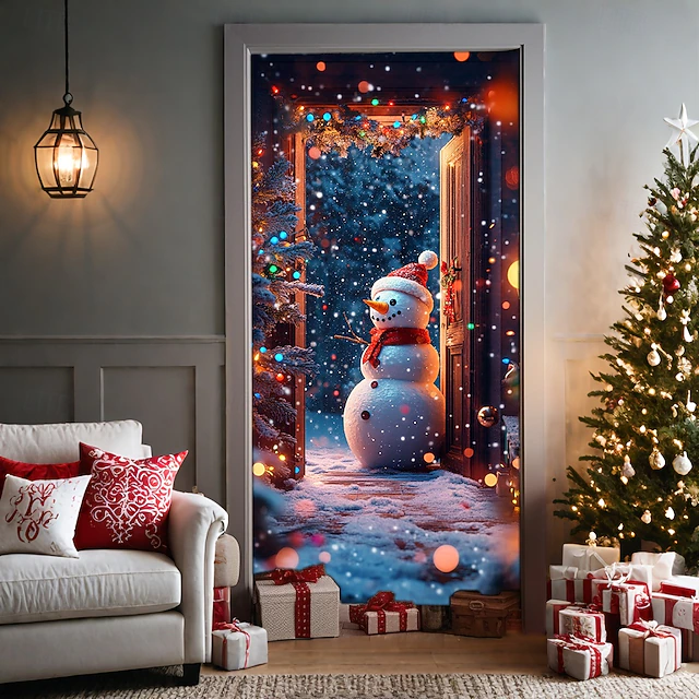 Christmas Door Decorations Door Covers Xmas Snowman Fantasy Door Tapestry Door Curtain Decoration Backdrop Door Banner for Front Door Farmhouse Holiday Party Decor Supplies Indoor/Outdoor 23
