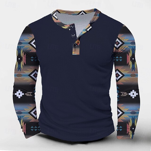  Pánské Nový rok Zkontrolovaný tisk Tričko Henley Dlouhý rukáv 3D tisk Na běžné nošení Párty ulice Ležérní Zima Jaro & podzim Námořnická modř Henley Tričko Henley