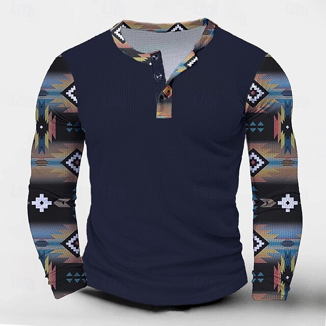 Men's New Year Checked print Henley Shirt Long Sleeve 3D Printing Casual Party Street Casual Winter Spring &  Fall Navy Blue Henley Henley T-Shirt4
