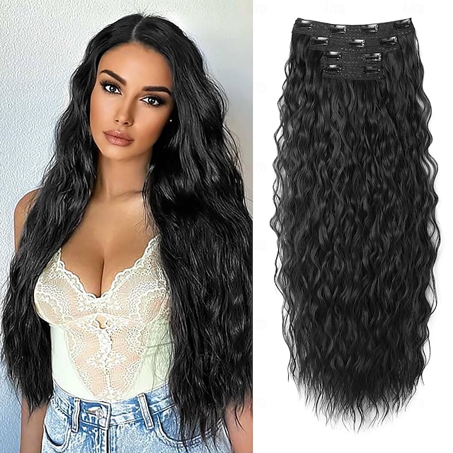  Bouclé Clips Cheveux Synthétiques Longue Extension des cheveux A Clipser 4 pièces Résistant à la chaleur Femme