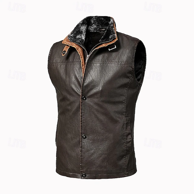 Men's Vest Gilet Wedding Event / Party Daily Fashion Business Fall & Winter Pocket Fleece PU Leather Thermal Warm Plain Zipper Stand Collar Regular Fit Coffee Vest 12