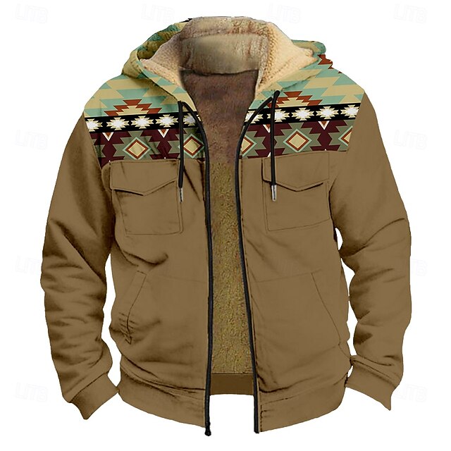 Men's Aztec Fleece Hoodie Hoodies Fashion Cool Long Sleeve Hooded Holiday Streetwear Brown Zipper Pocket Fall Winter Designer4