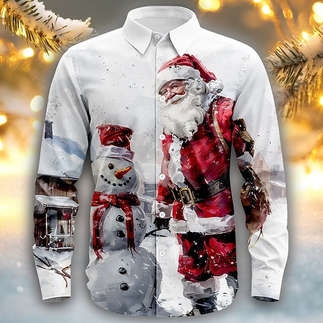 Christmas Men's Santa Claus Shirt Button Up Shirt Long Sleeve Casual Party Evening Wear Daily Fall Winter Spring & Summer Shirt Collar Button Up 3D Print White4