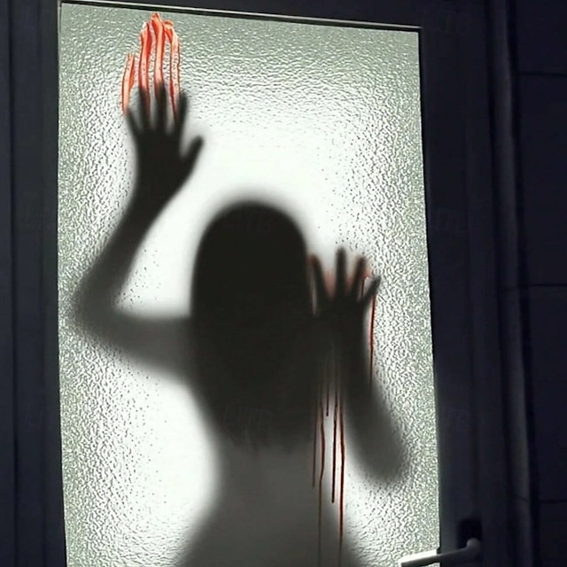  halloween samolepky na zeď - samolepicí skleněné dekorace na okna s rukama duchů, ženským duchem, krvavými otisky rukou a stopami