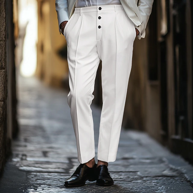 Men's Dress Pants Trousers Casual Pants Buttons Pocket Pleats Plain Comfort Soft Ankle-Length Wedding Outdoor Daily Elegant Fashion Black White Micro-elastic 10