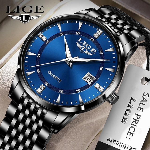  LIGE Men Quartz Watch Minimalist Calendar Stainless Steel Watch