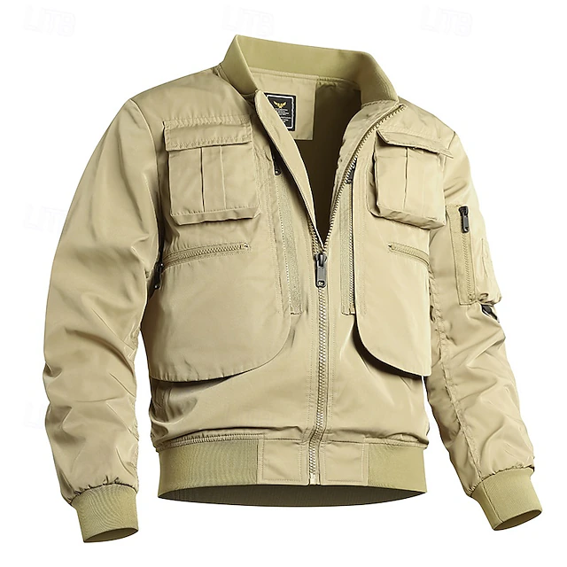 Men's Bomber Jacket Tactical Jacket Windcheater Jacket Sports Outdoor Camping & Hiking Waterproof Windbreaker Zipper Pocket Fall Winter Solid Color Active Hooded Regular Black Dark Green Khaki Jacket 8