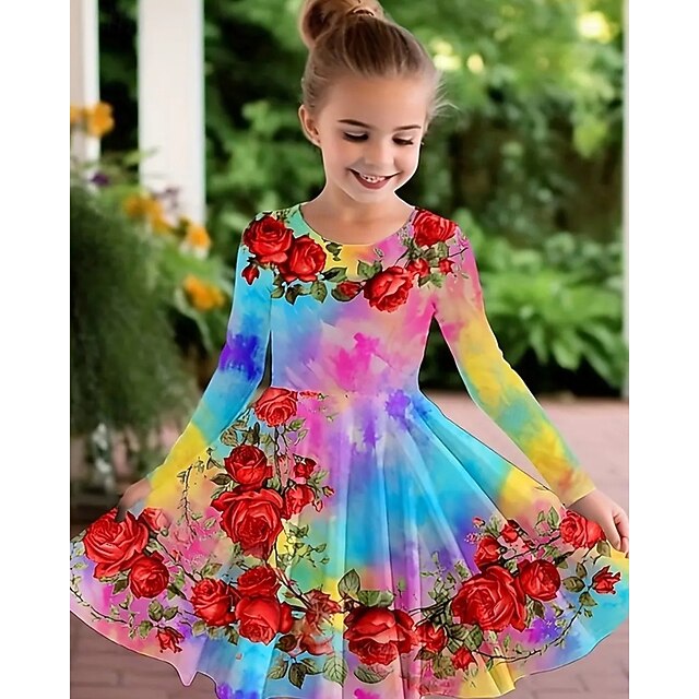  Pääsiäinen Tyttöjen 3D Ruusu Kuvitettu Mekko Pitkähihainen Kesä Kevät Loma Päivittäin Pyhäpäivä Prinsessa Kaunis Makea Lapset 4-12 vuotta Rento mekko A linjainen mekko Polvipituinen Normaali