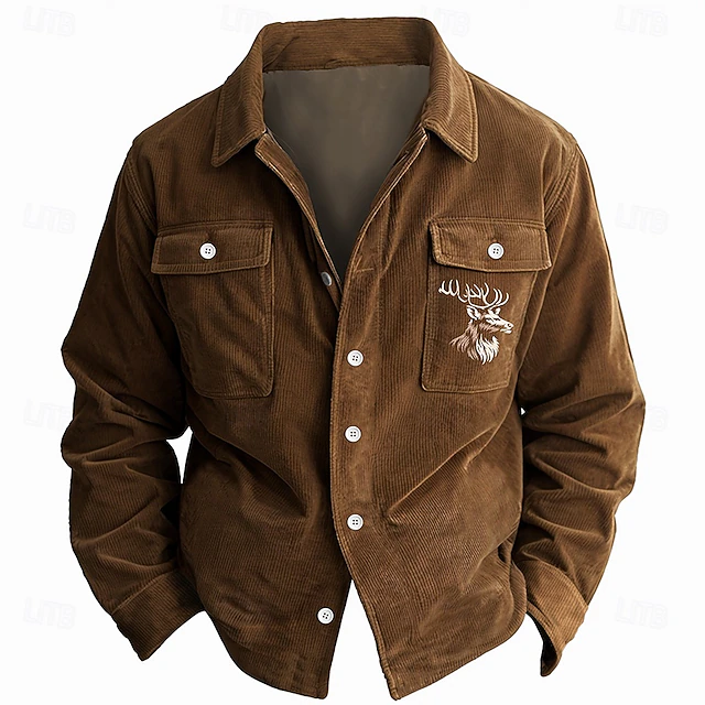 Men's Elk Shirt Jacket Overshirt Long Sleeve Vintage Tribal Dailywear Fall & Winter Collared Shirts Button Up 3D Print 2 Pockets 1pc Army Green Navy Blue Brown 6