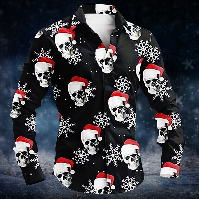 Christmas Men's Hat Halloween Costumes Skulls Shirt Button Up Shirt Long Sleeve Fashion Casual Party Evening Wear Daily Fall Winter Spring & Summer Shirt Collar Button Up 3D Print Black4