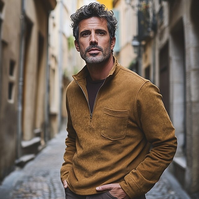 Men's Faux Suede Tee Top Long Sleeve Shirt Patchwork Quarter Zip